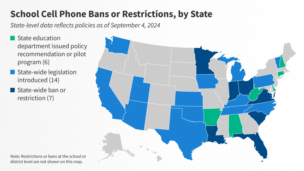 Photo highlighting states who have already implemented some type of cellphone restrictions in schools. (Photo courtesy of kff.org).
