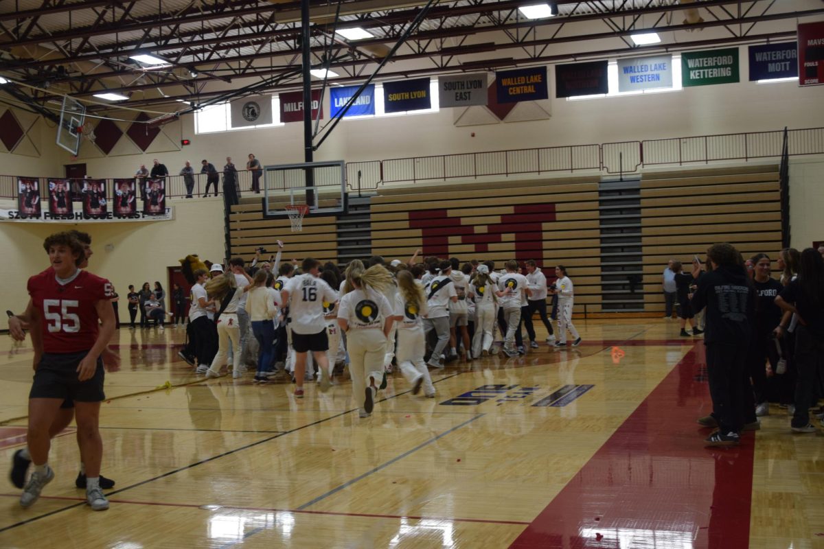 Milford High School Seniors celebrating their victory in the Homecoming Assembly mini games.
