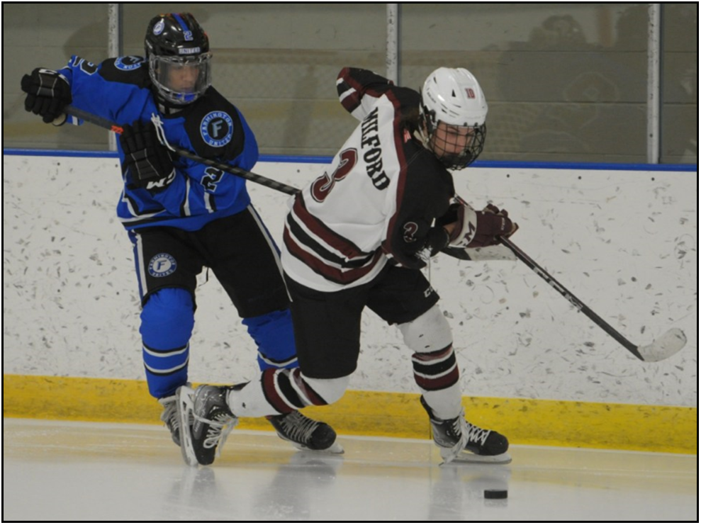 Two opponents compete in order to take possession of the puck (Photo courtesy of The Oakland Press).
