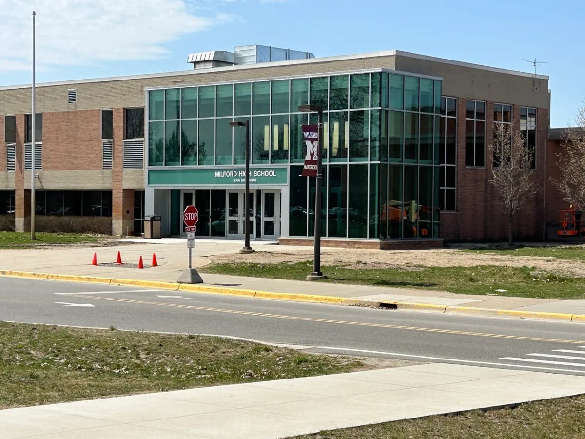 Photo of Milford High School front entrance.
