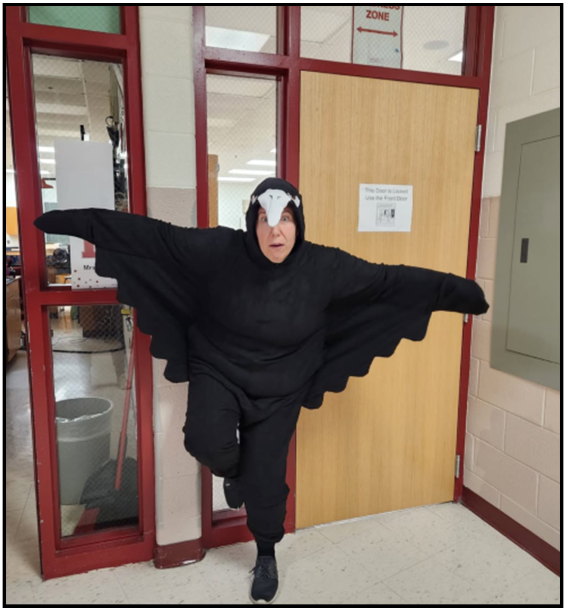 Mrs. Crow’s iconic crow costume that won first place in the teacher costume contest!